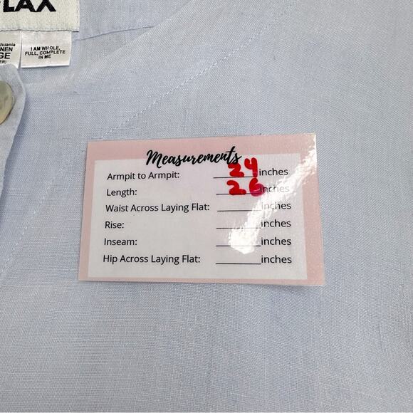 FLAX 100% Linen Light Blue Over Size Button Crew Neck Long Sleeve Pockets Sz L - Picture 14 of 14